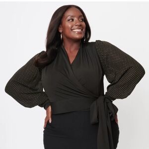 Unique Vintage Black and Gold Pin Dot Giselle Wrap Top